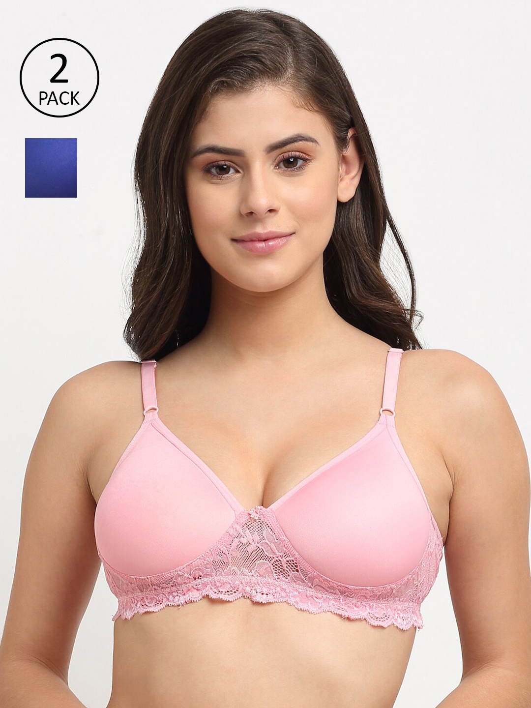 

Friskers Pack of 2 Blue & Pink Solid Non Wired Medium Coverage T-shirt Bra