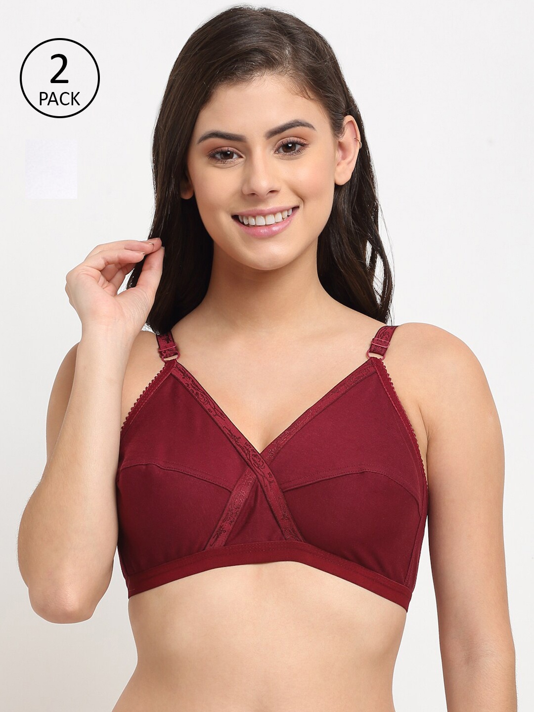 

Friskers Pack Of 2 White & Maroon Cotton Balconette Bra