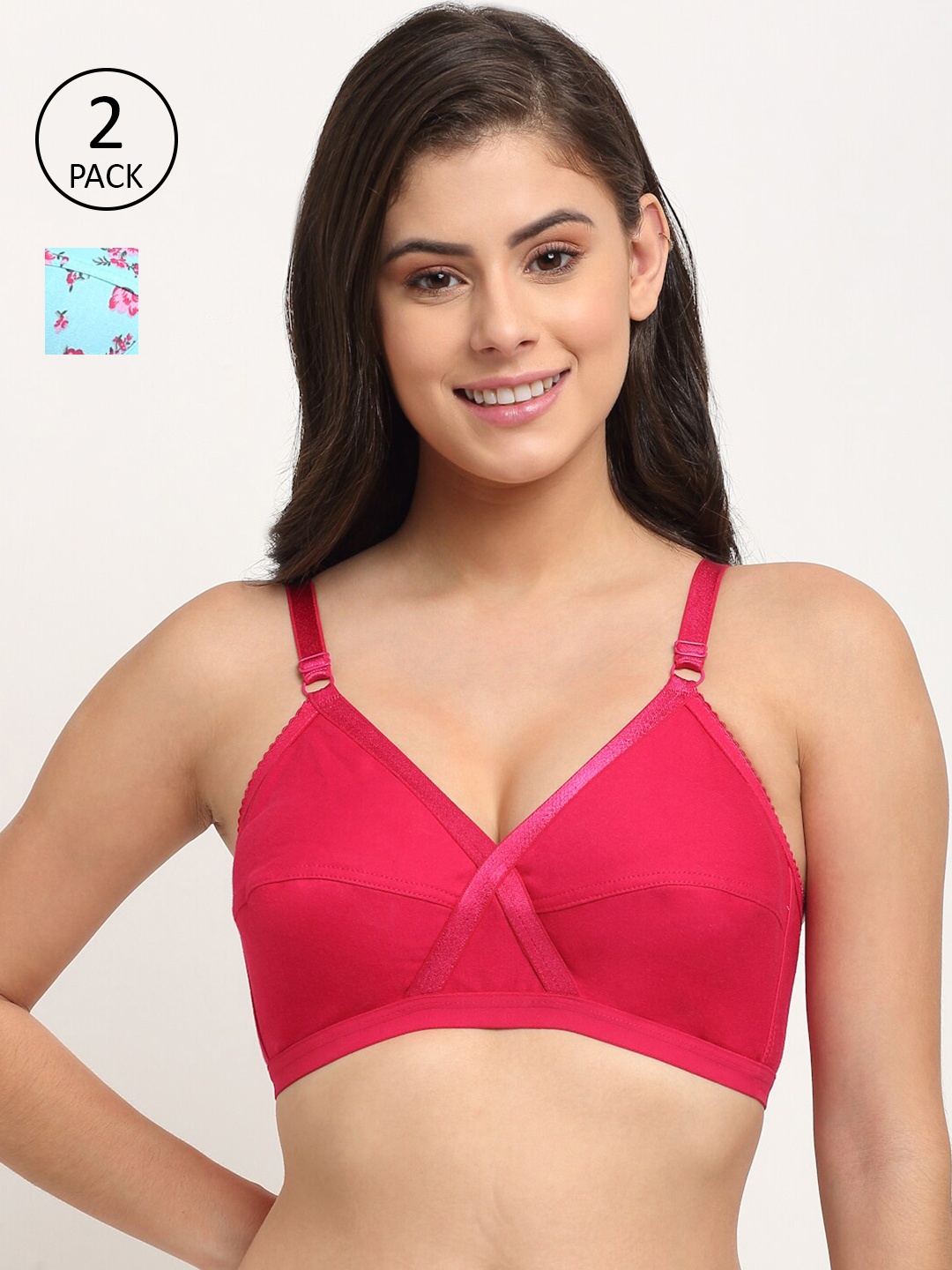 

Friskers Pink & Turquoise Blue Cotton Balconette Bra