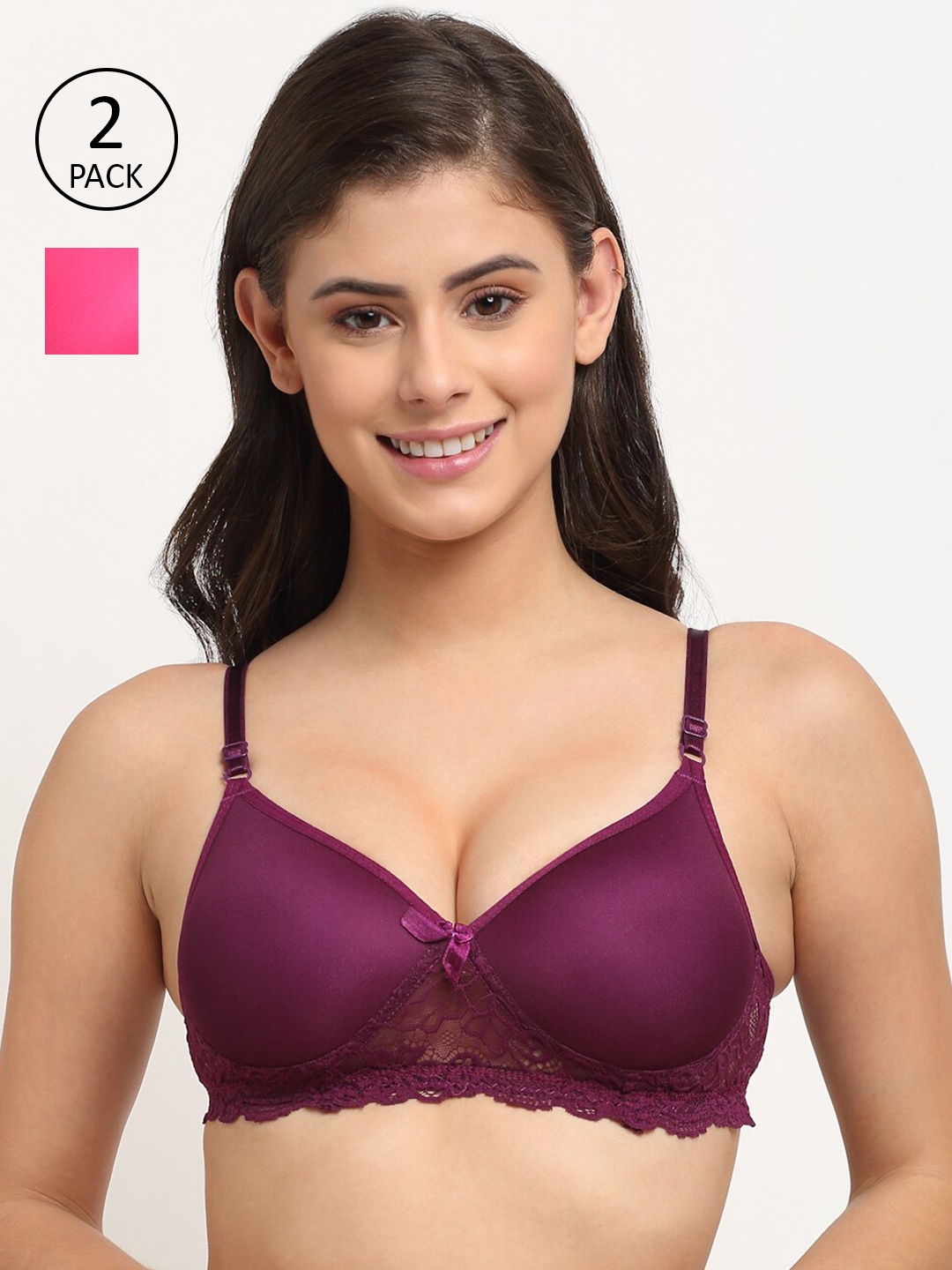 

Friskers Pack of 2 Pink & Purple Floral Lace Push-Up Bras - Lightly Padded