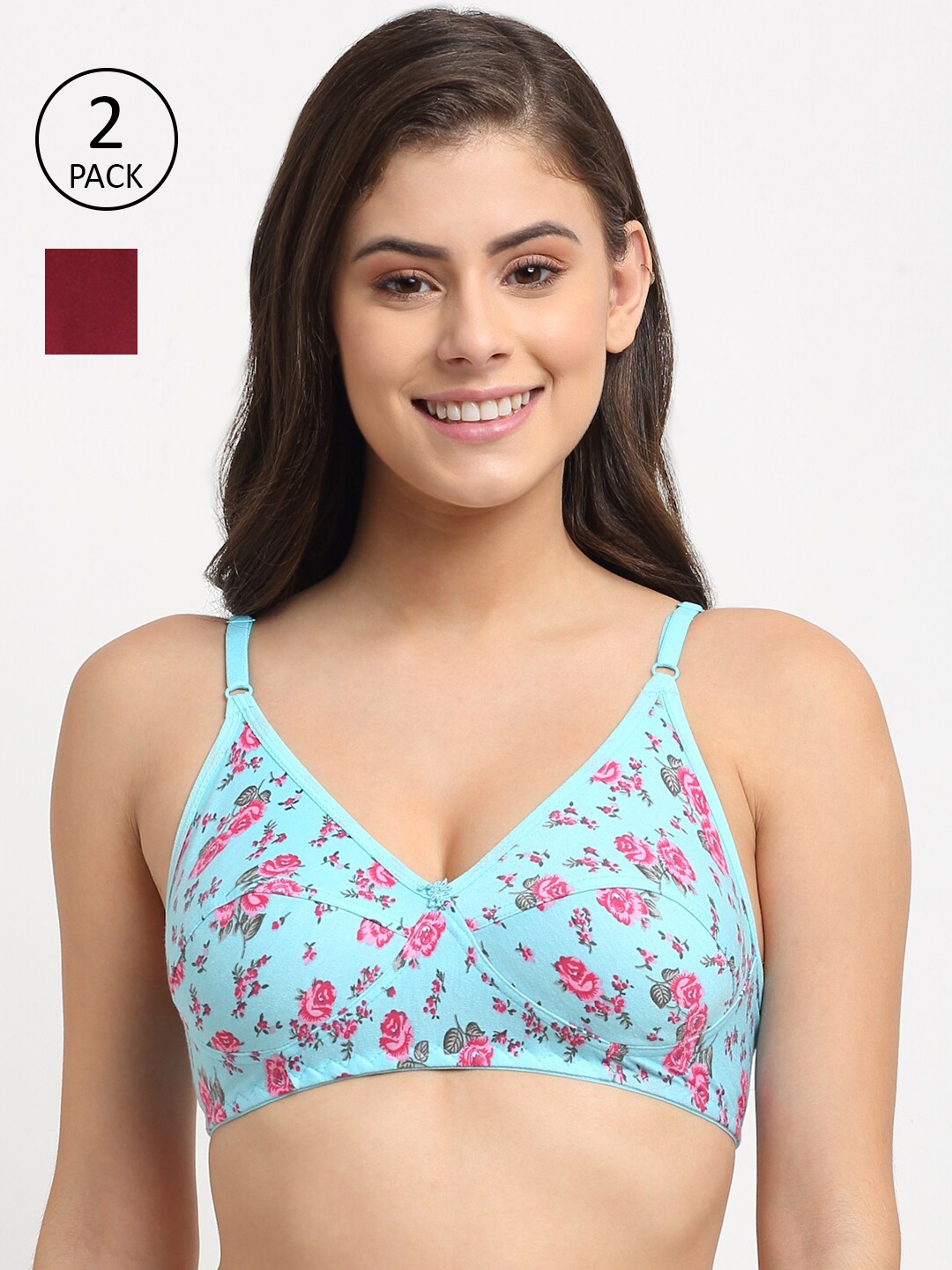 

Friskers Pack of 2 Maroon & Turquoise Blue Floral Cotton Balconette Bras
