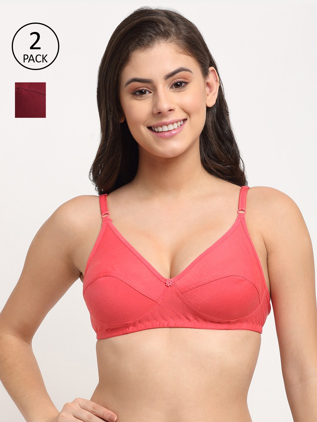 

Friskers Pack of 2 Maroon & Pink Cotton Non Padded Balconette Bra