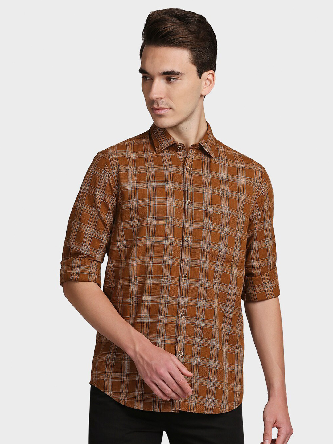 

ColorPlus Men Brown Tailored Fit Cotton Checked Casual Shirt
