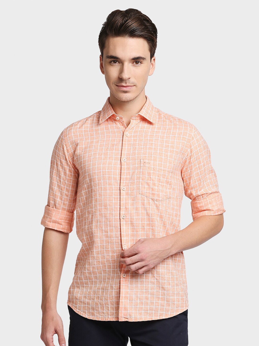 

ColorPlus Men Peach-Coloured Tailored Fit Opaque Checked Casual Shirt