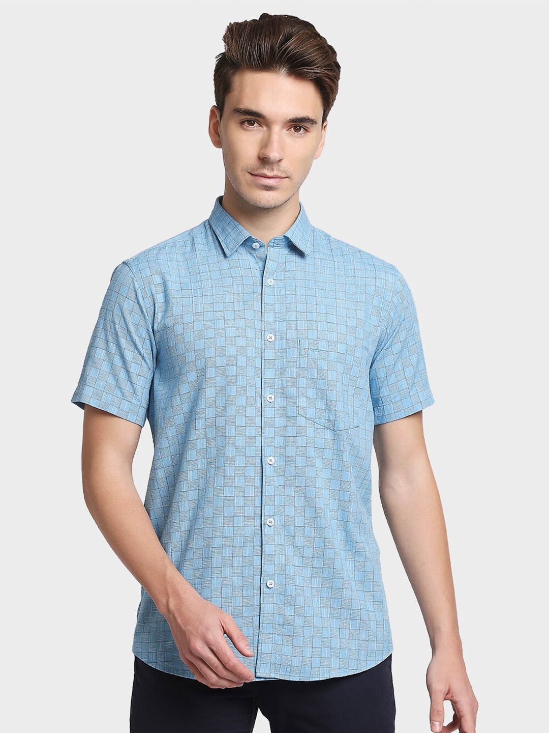 

ColorPlus Men Blue Tailored Fit Windowpane Checked Casual Cotton Shirt