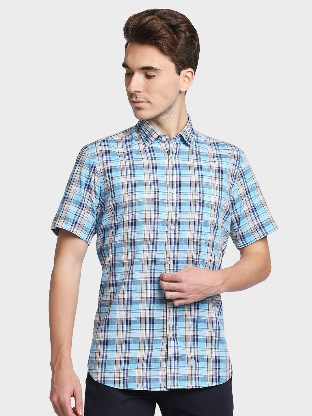 

ColorPlus Men Blue Tailored Fit Tartan Checks Opaque Checked Casual Shirt