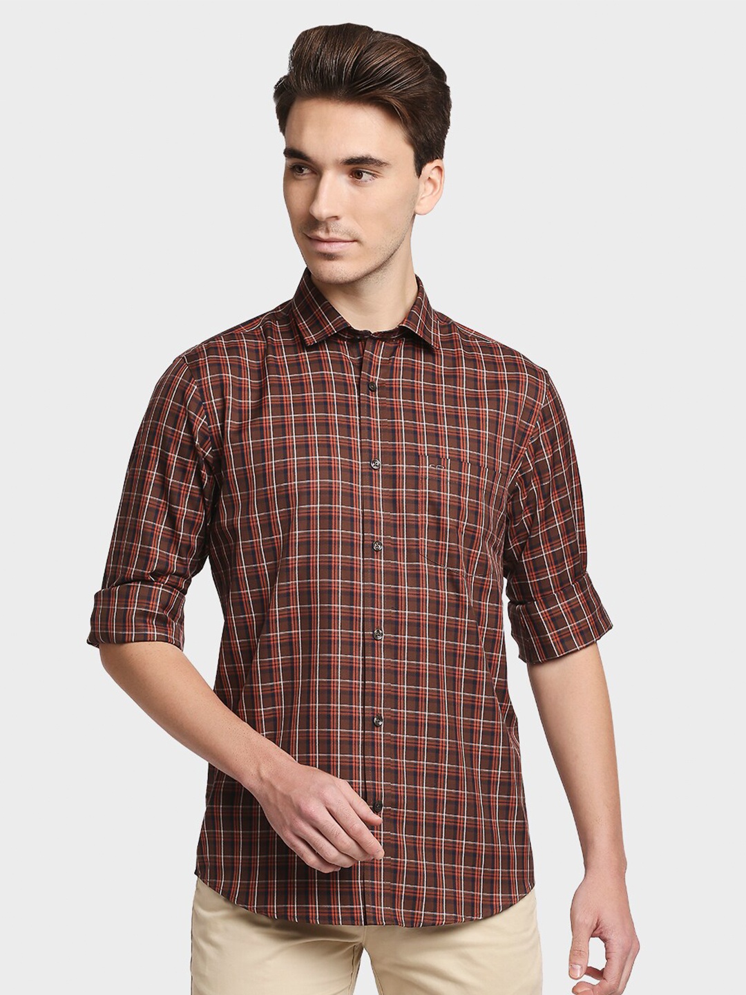 

ColorPlus Men Brown Tailored Fit Opaque Checked Casual Shirt