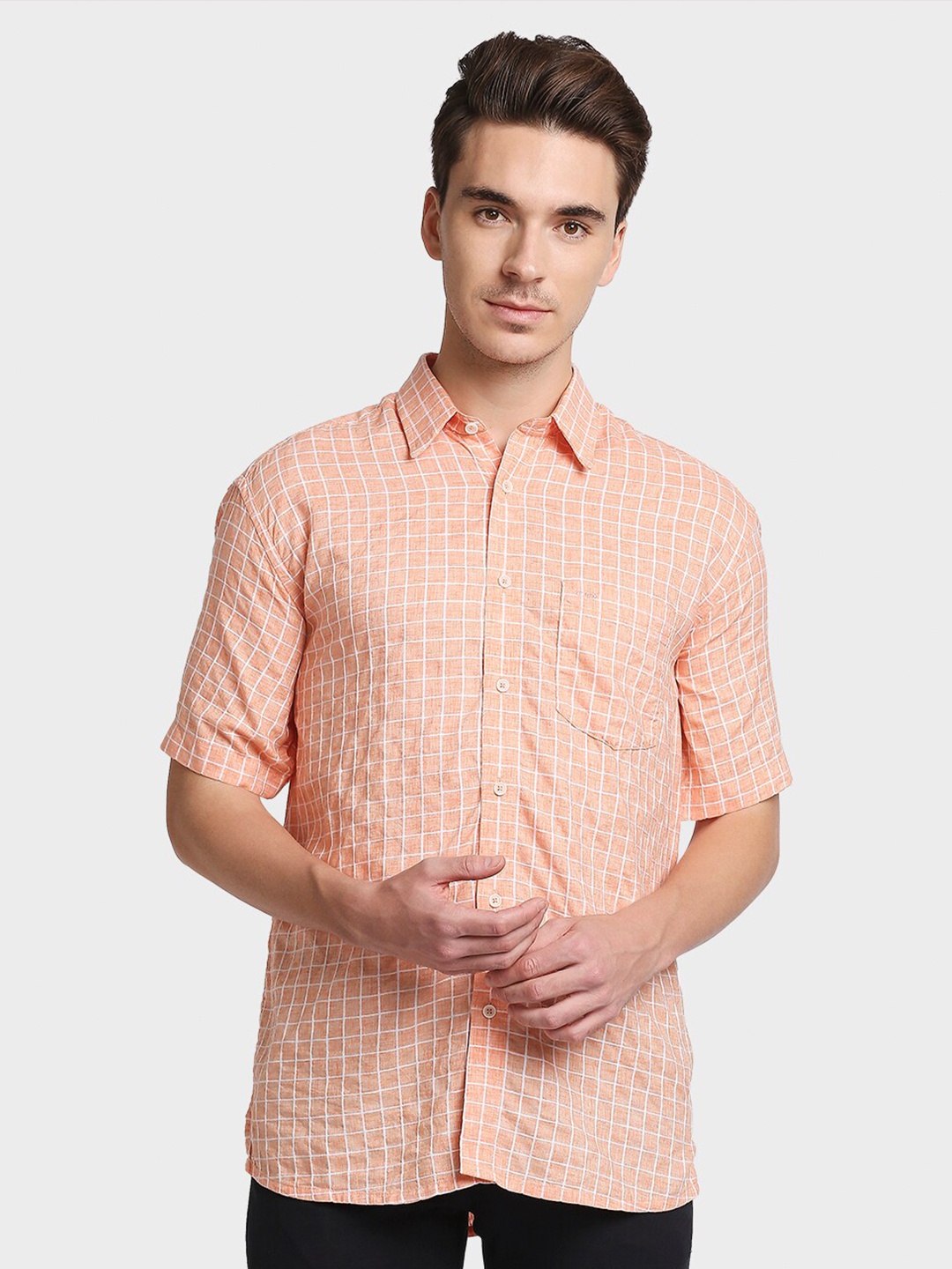 

ColorPlus Men Orange Opaque Checked Cotton Casual Shirt