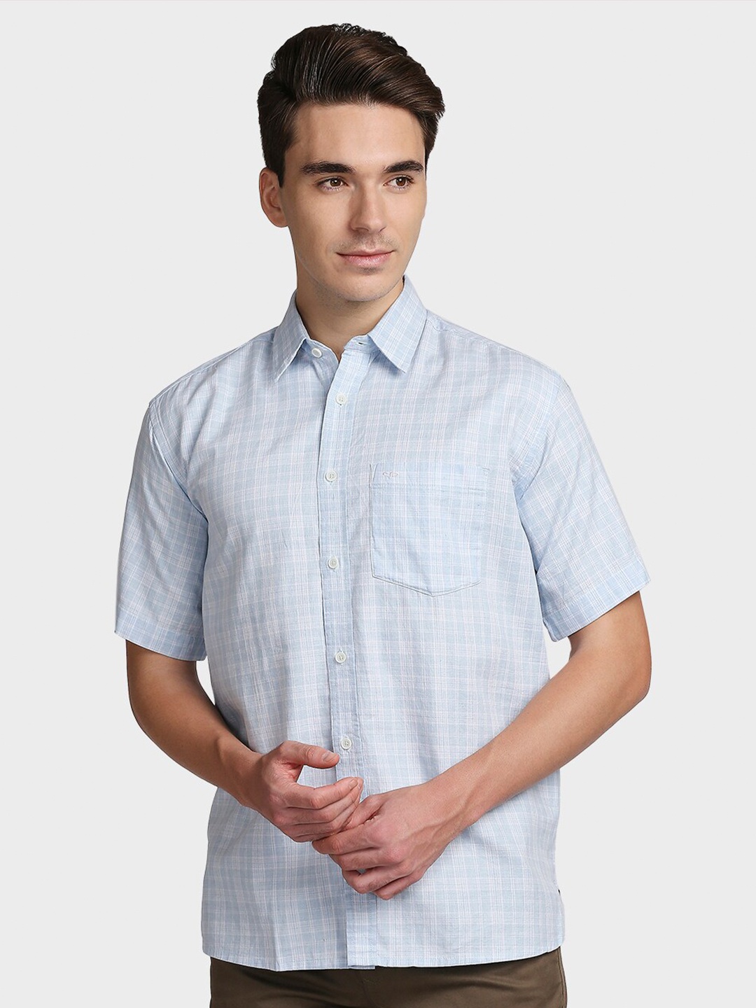 ColorPlus Men Blue Opaque Checked Casual Shirt
