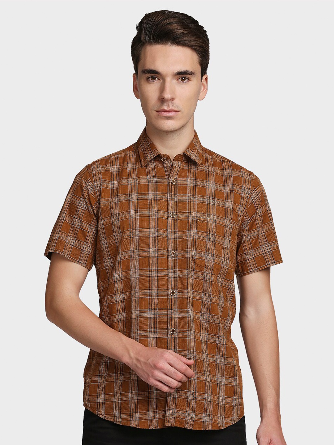 

ColorPlus Men Brown Tailored Fit Opaque Checked Casual Shirt