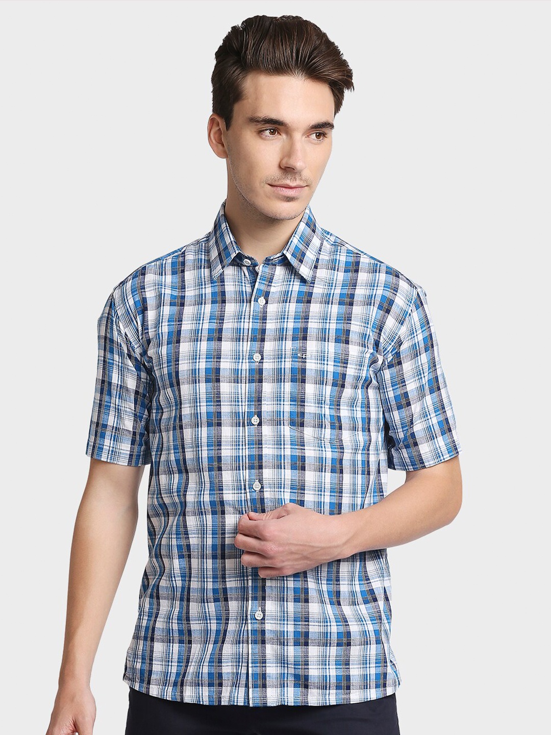 

ColorPlus Men Blue Tartan Checks Opaque Casual Cotton Shirt