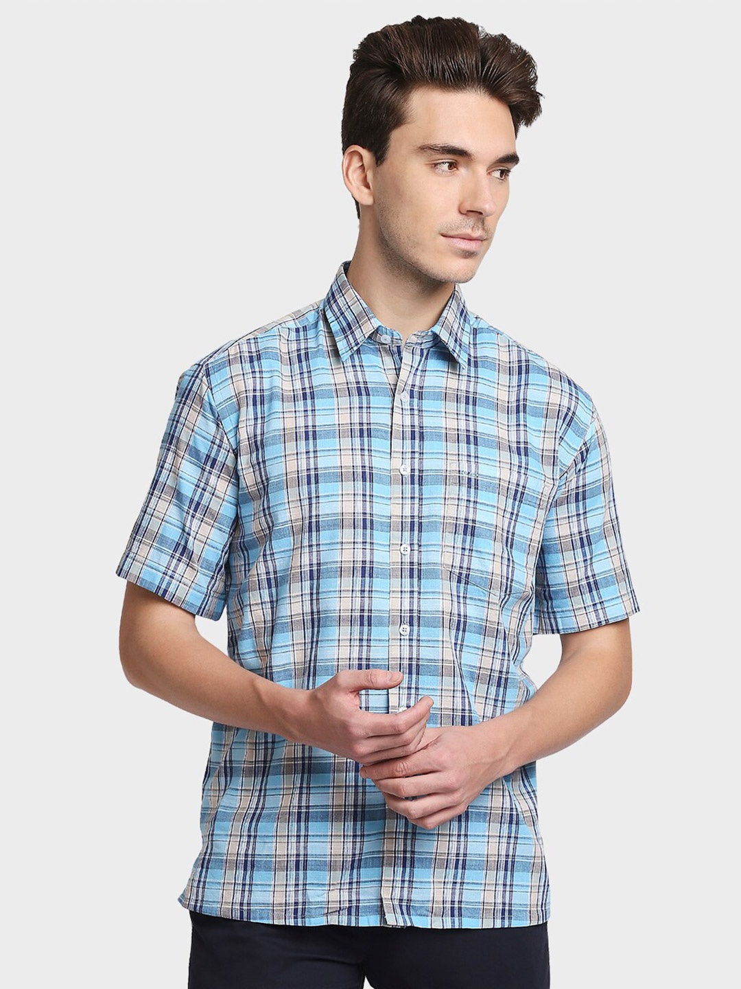 

ColorPlus Men Blue Tartan Checks Opaque Checked Casual Shirt