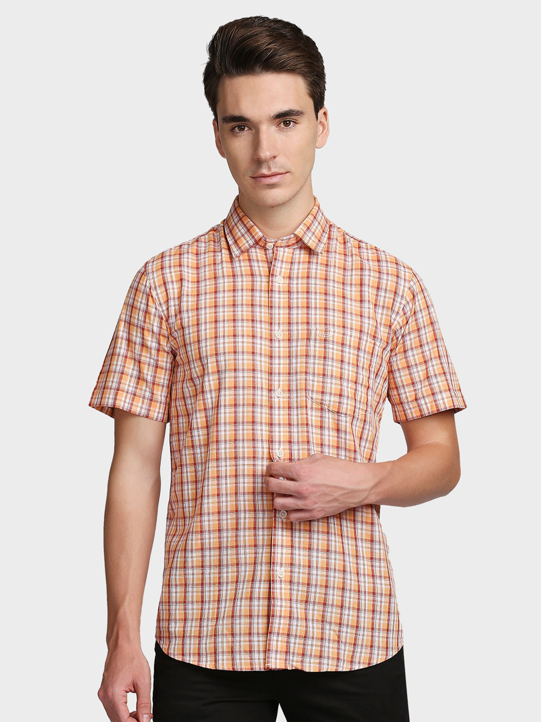 

ColorPlus Men Orange & White Tailored Fit Opaque Checked Casual Shirt