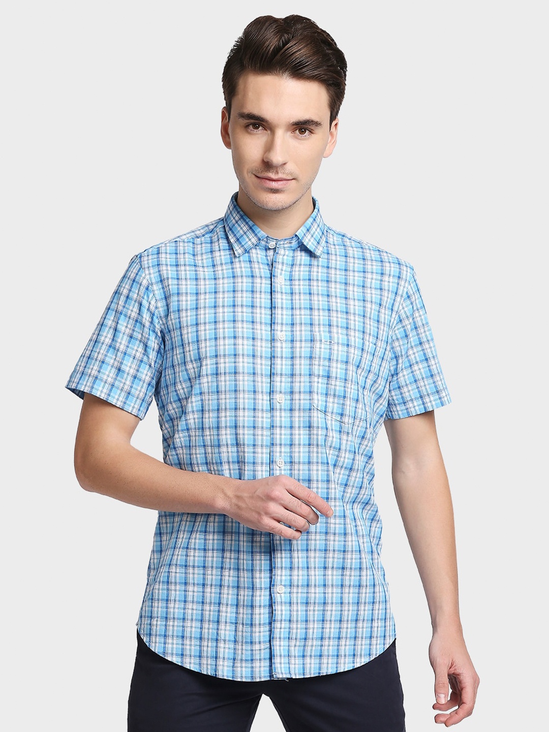 

ColorPlus Men Blue & White Tailored Fit Opaque Checked Cotton Casual Shirt