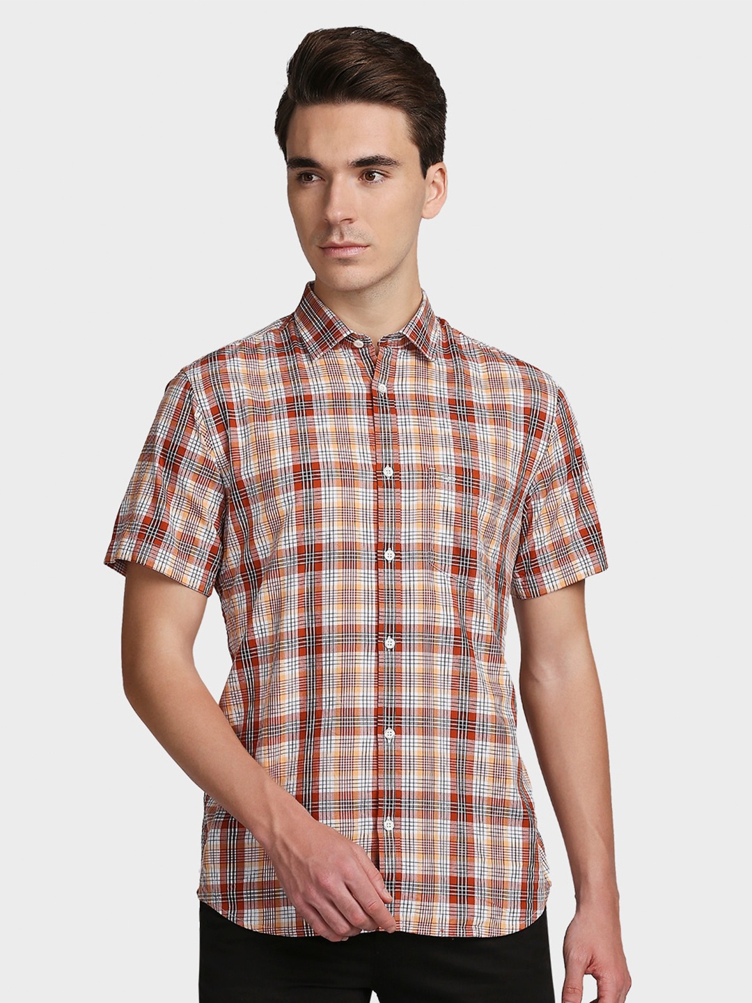 

ColorPlus Men Orange Tailored Fit Tartan Checks Cotton Casual Shirt