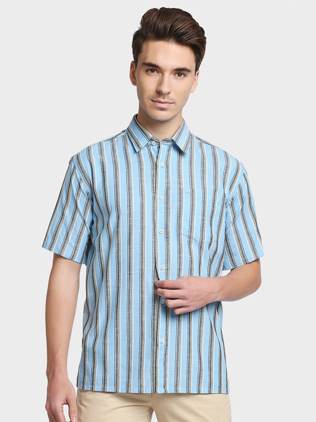 

ColorPlus Men Blue Opaque Striped Cotton Casual Shirt