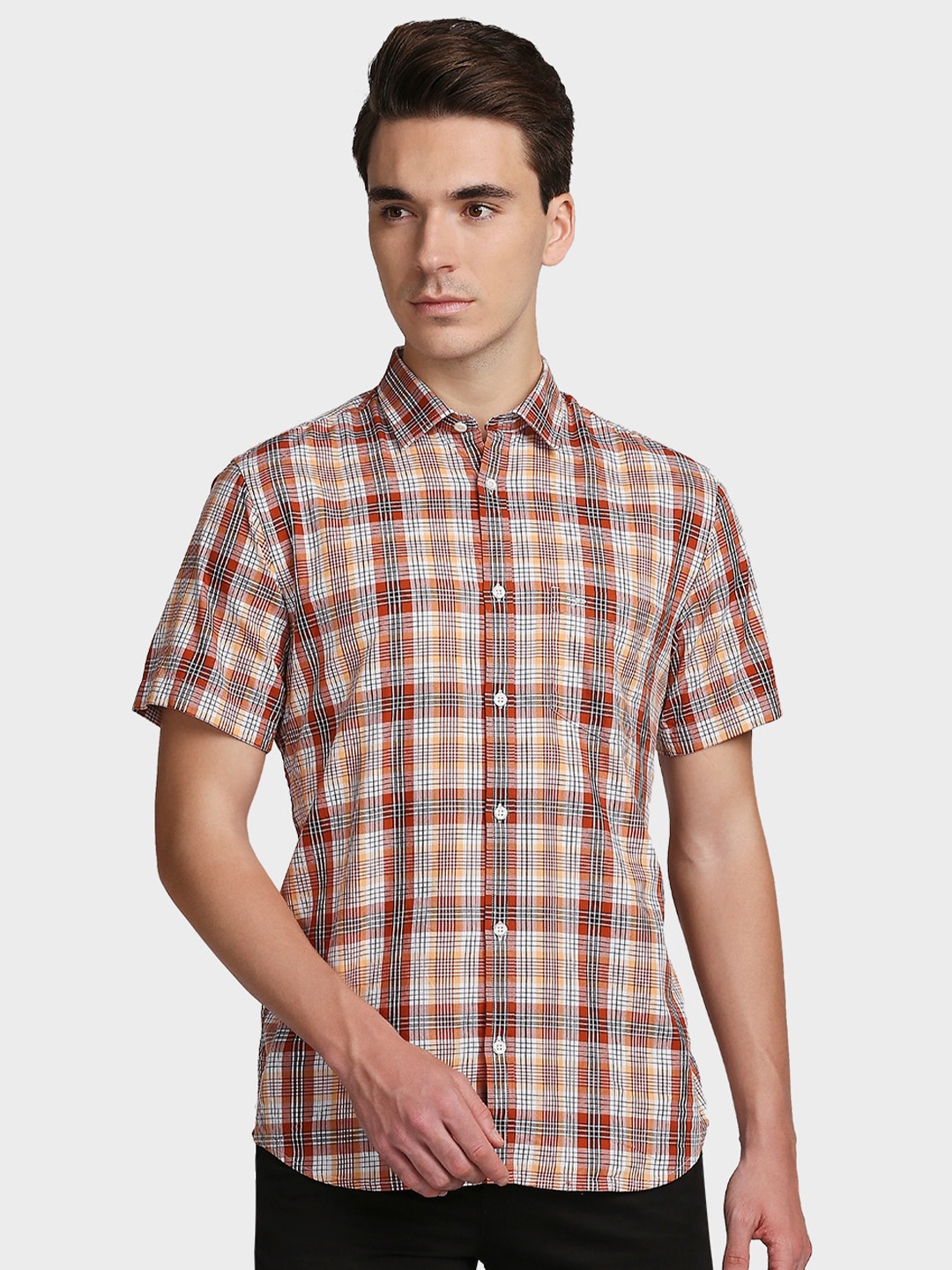

ColorPlus Men Orange Tailored Fit Tartan Checked Casual Cotton Shirt