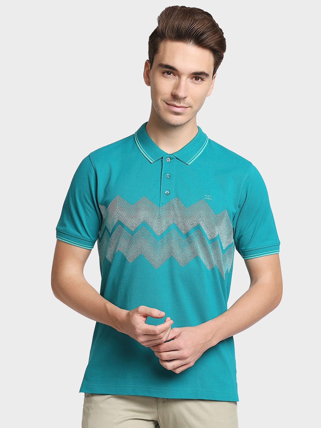 

ColorPlus Men Teal Blue & White Printed Cotton Polo Collar T-shirt