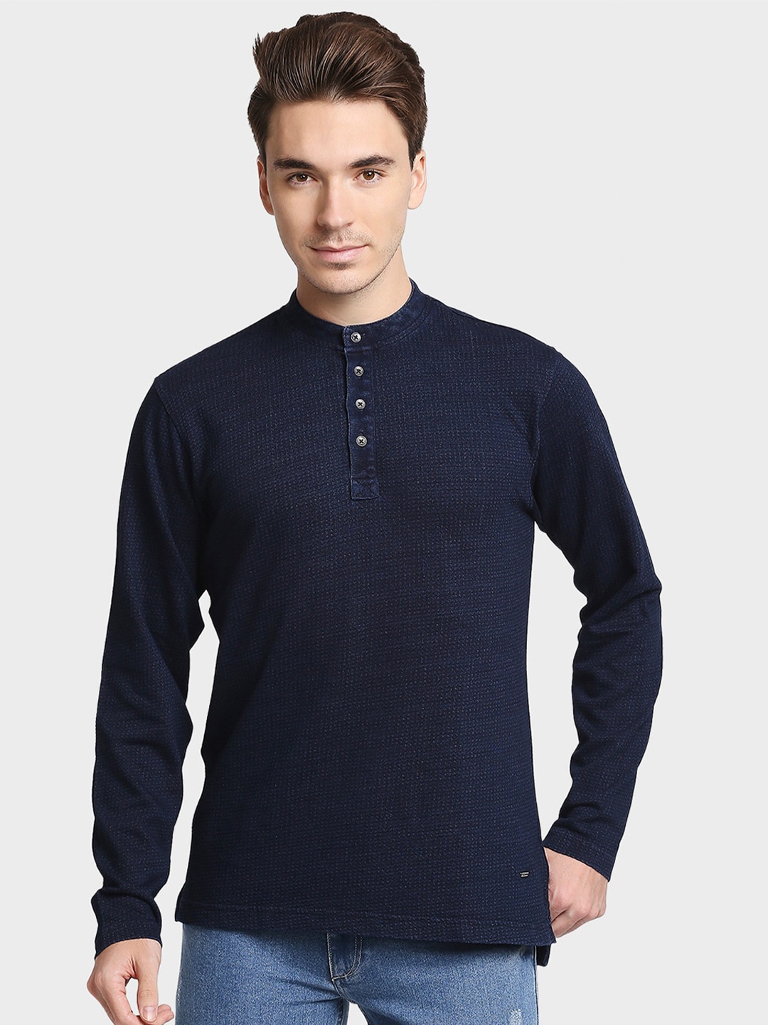 

ColorPlus Men Blue Mandarin Collar Pockets T-shirt