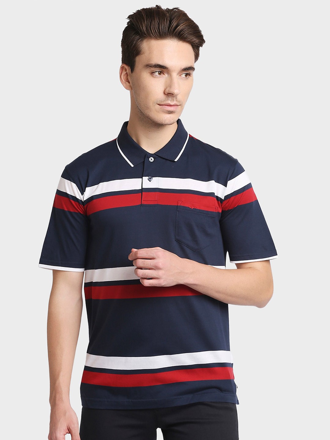 

ColorPlus Men Blue & White Striped Cotton Polo Collar Pockets T-shirt