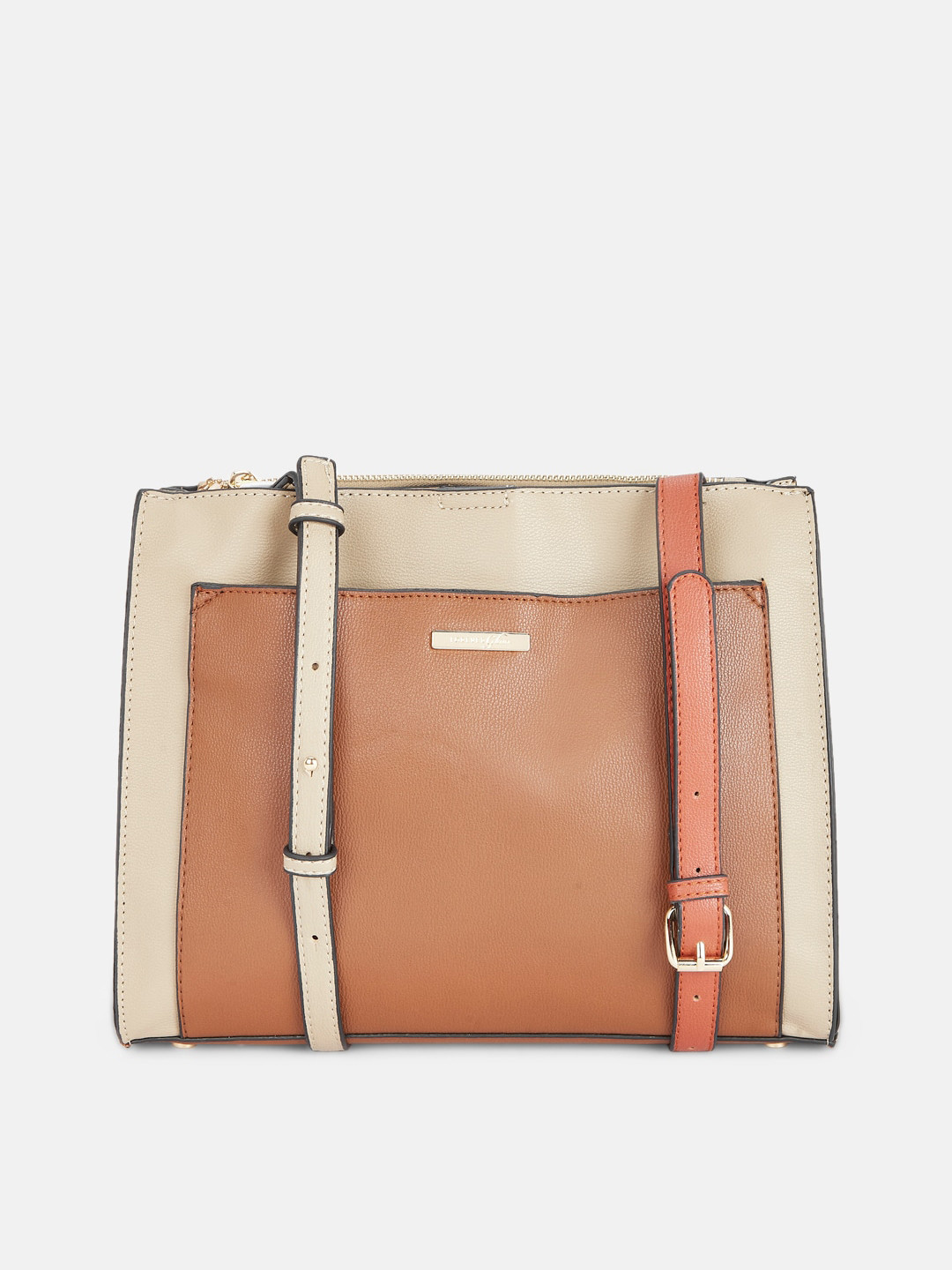 

Forever Glam by Pantaloons Tan Colourblocked PU Structured Handheld Bag