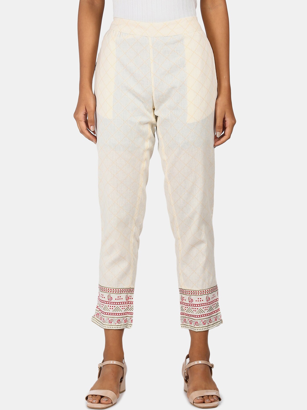 

Karigari Women White Floral Printed Trousers