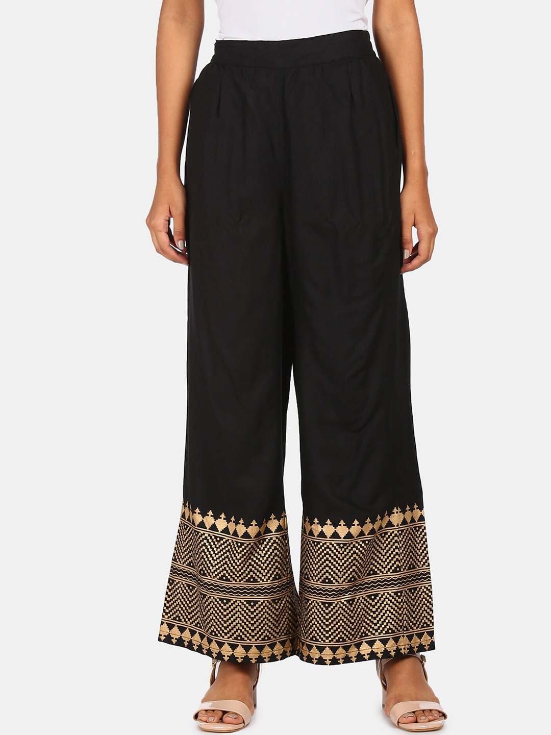 

Karigari Women Black Metallic Printed Hem Flared Ethnic Palazzos
