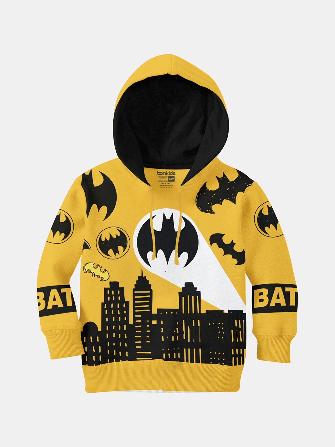 

BONKIDS Boys Mustard Yellow Batman Printed Hooded Cotton Sweatshirt