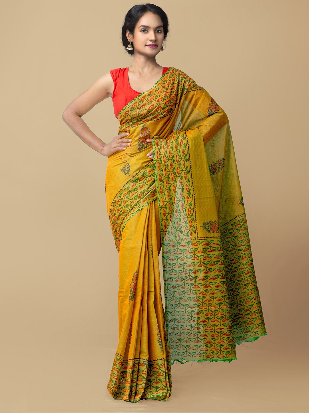 

Unnati Silks Green & Red Ethnic Motifs Pure Cotton Mangalagiri Saree