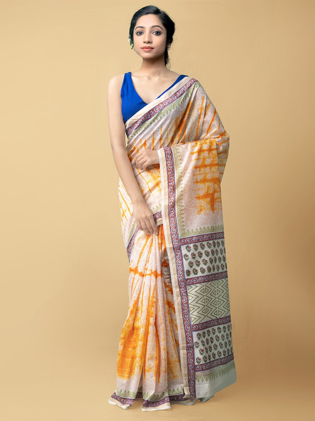 

Unnati Silks Cream-Coloured & Blue Leheriya Silk Cotton Shibori Chanderi Saree