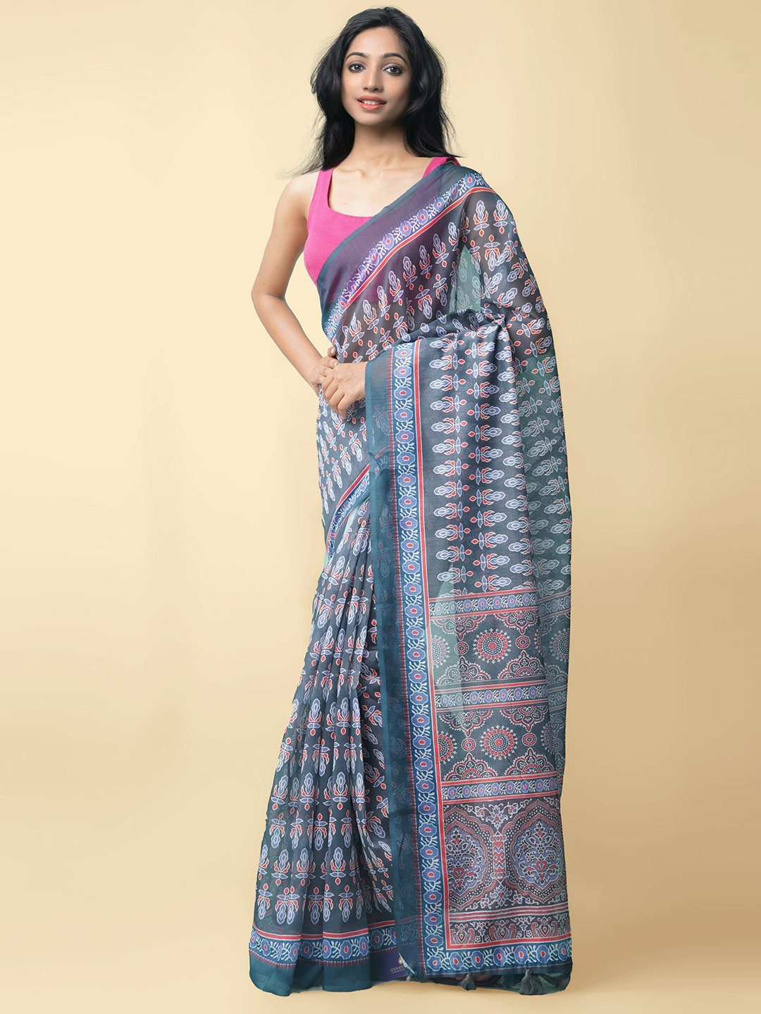 

Unnati Silks Grey Ethnic Motifs Printed Chanderi Silk Cotton Saree
