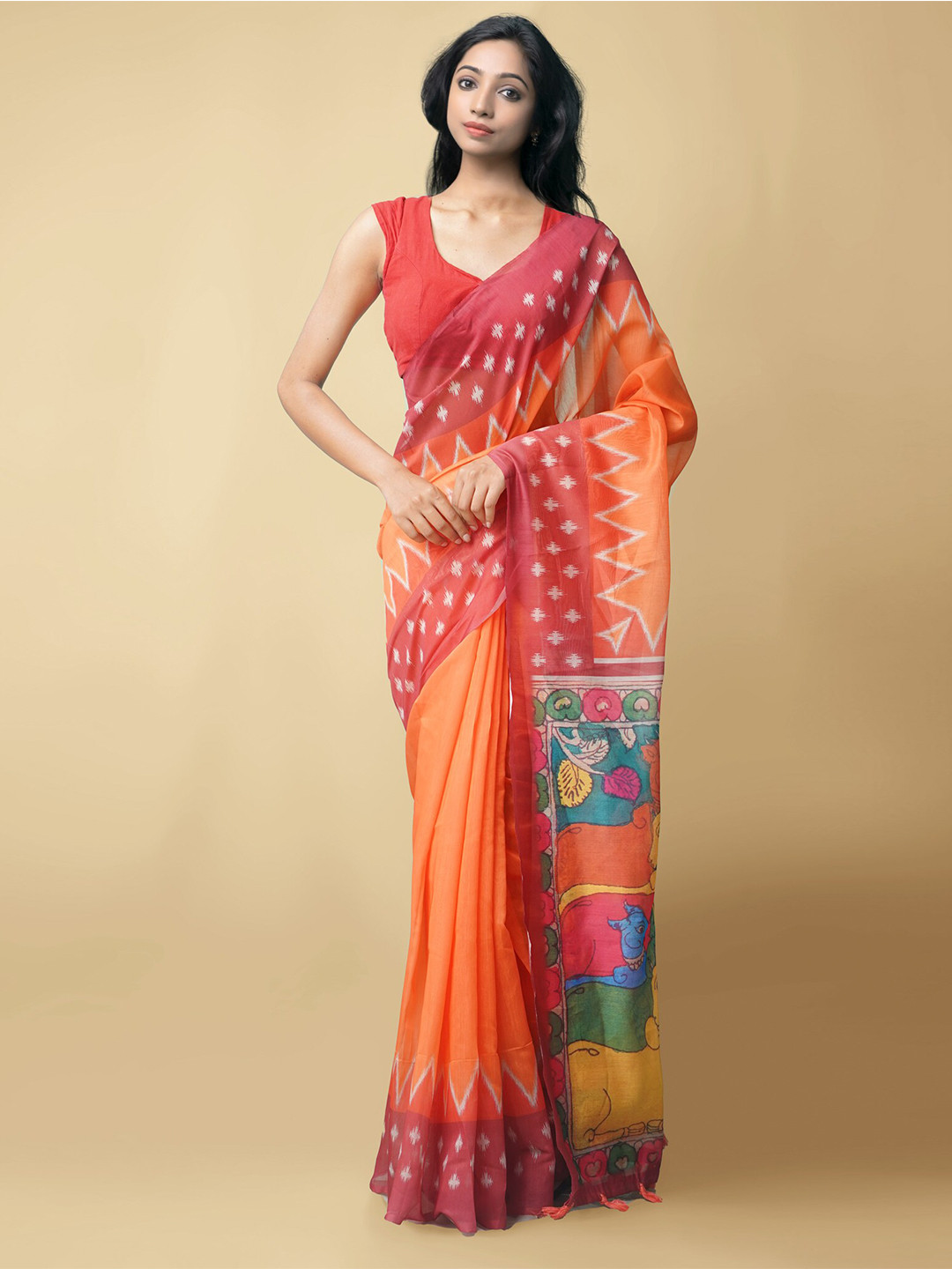 

Unnati Silks Orange & Red Ethnic Motifs Silk Cotton Chanderi Saree