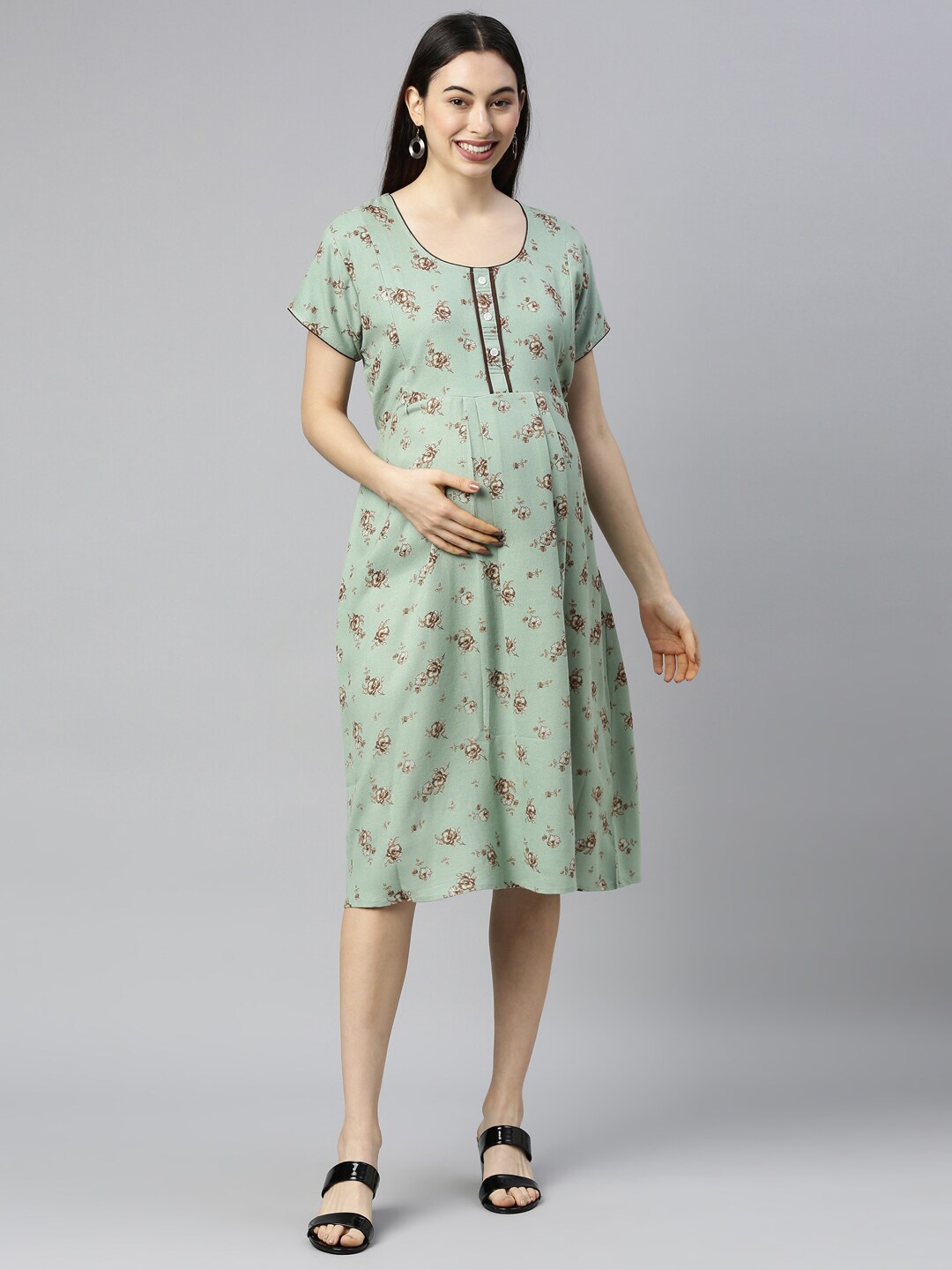 

GOLDSTROMS Green Cotton Floral Maternity A-Line Dress