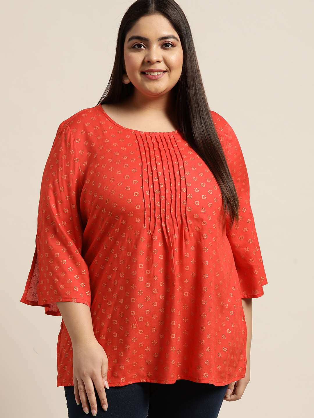 

Sztori Plus Size Red & Golden Ethnic Motifs Printed Flared Sleeves Pleated Kurti