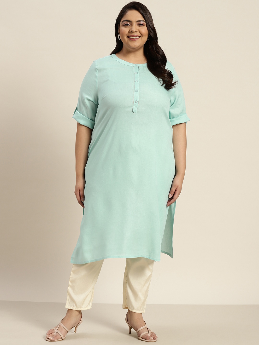

Sztori Women Plus Size Blue Woven Design Sequinned Kurta