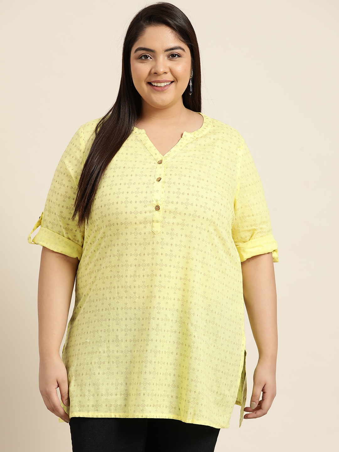 

Sztori Plus Size Yellow & Brown Ethnic Motifs Printed Pure Cotton Kurti