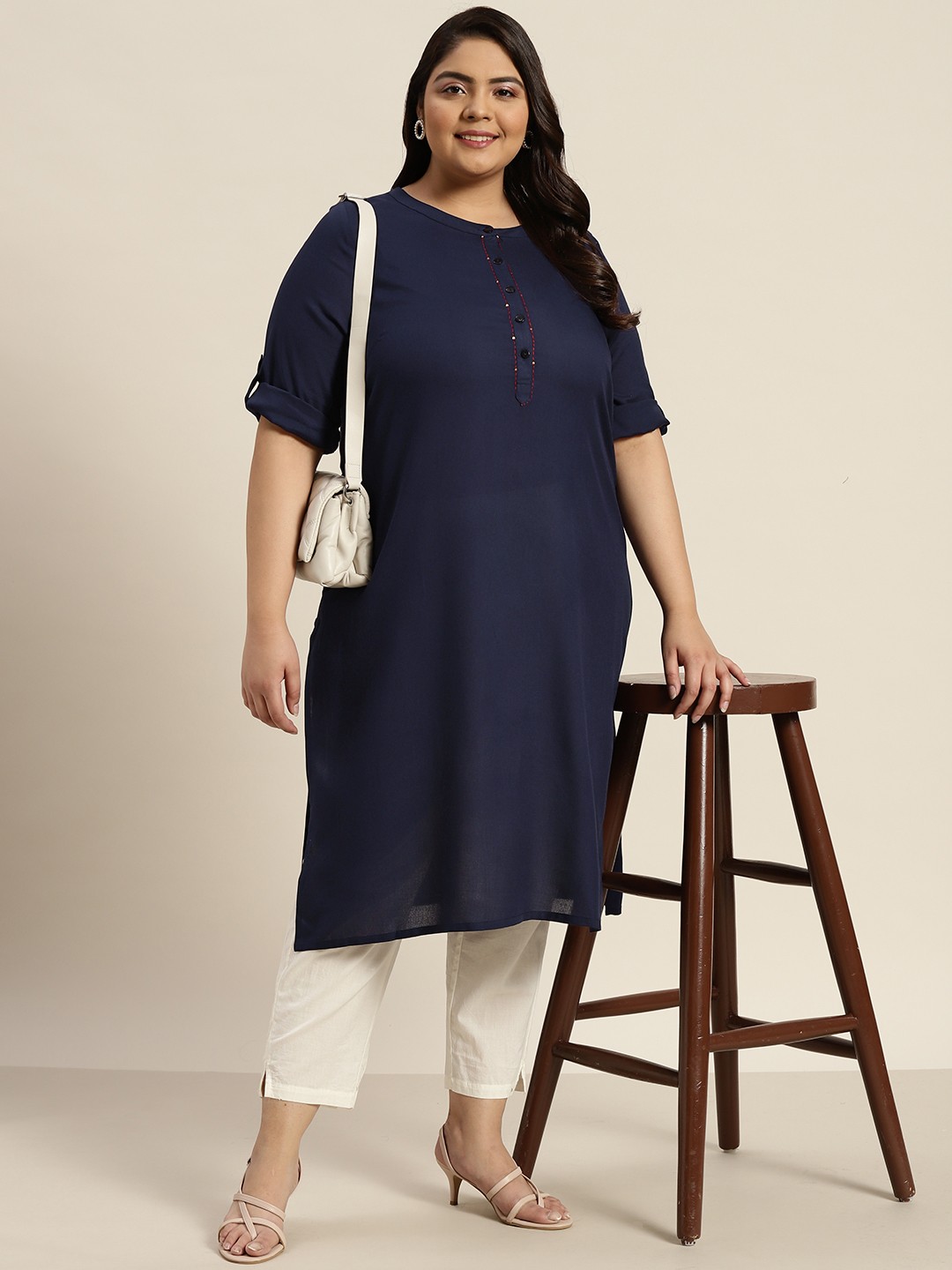 

Sztori Women Plus Size Navy Blue Woven Design Sequinned Kurta