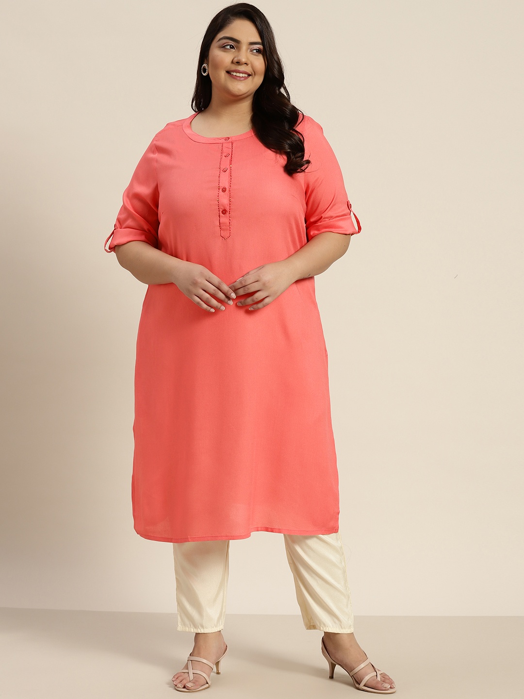 

Sztori Women Plus Size Coral Red Woven Design Sequinned Kurta