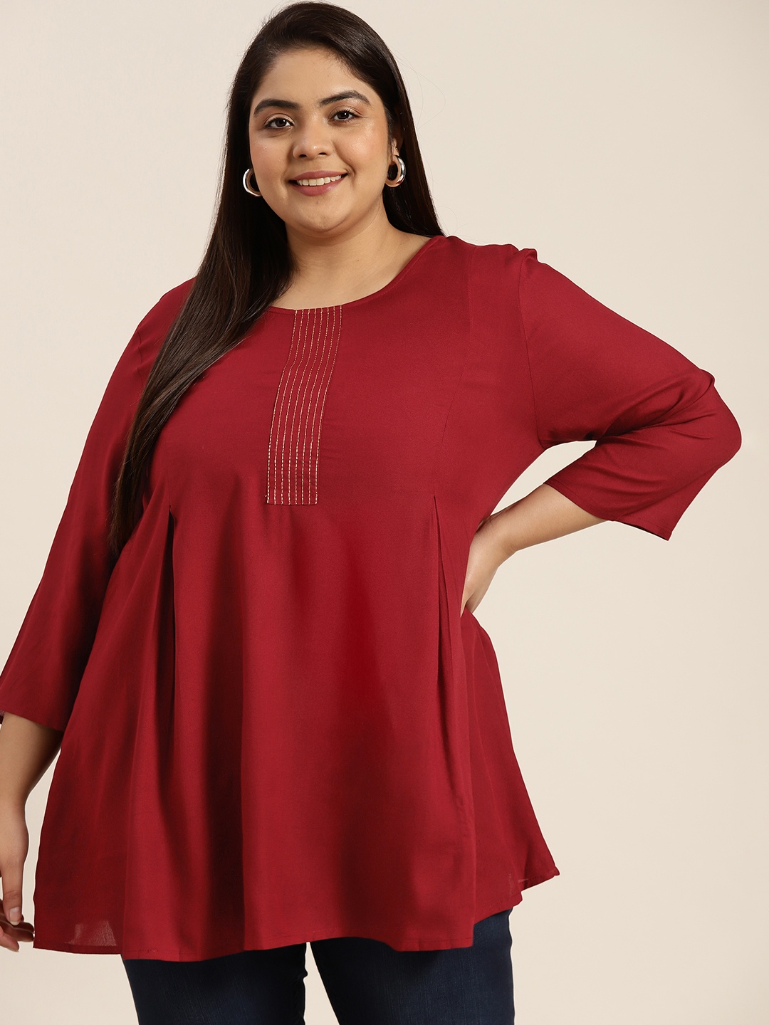 

Sztori Plus Size Maroon Solid Pleated A-Line Kurti