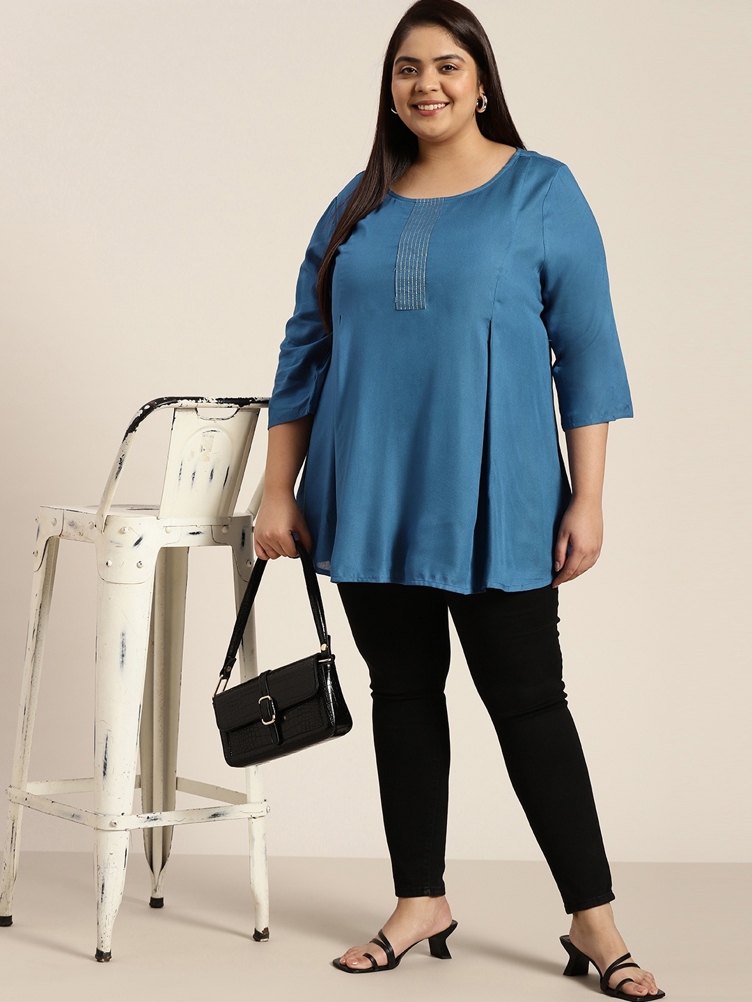 

Sztori Plus Size Teal Blue Solid Pleated A-Line Kurti