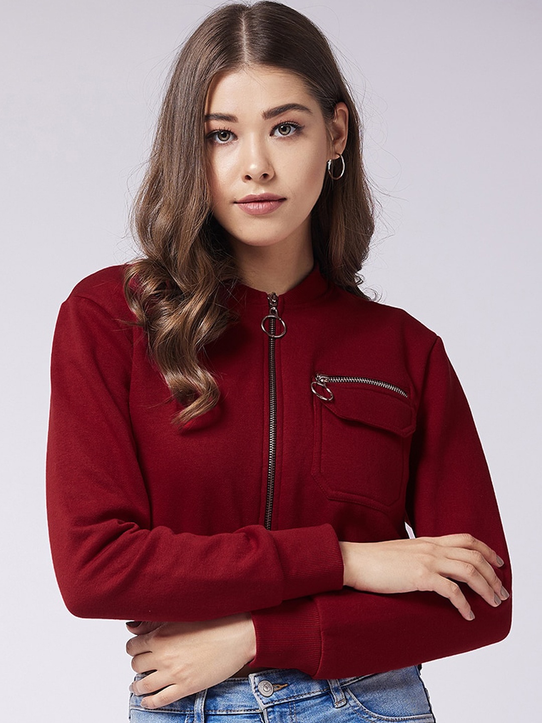 

Miss Chase Women Maroon Solid Fleece Crop Tailored Jacket