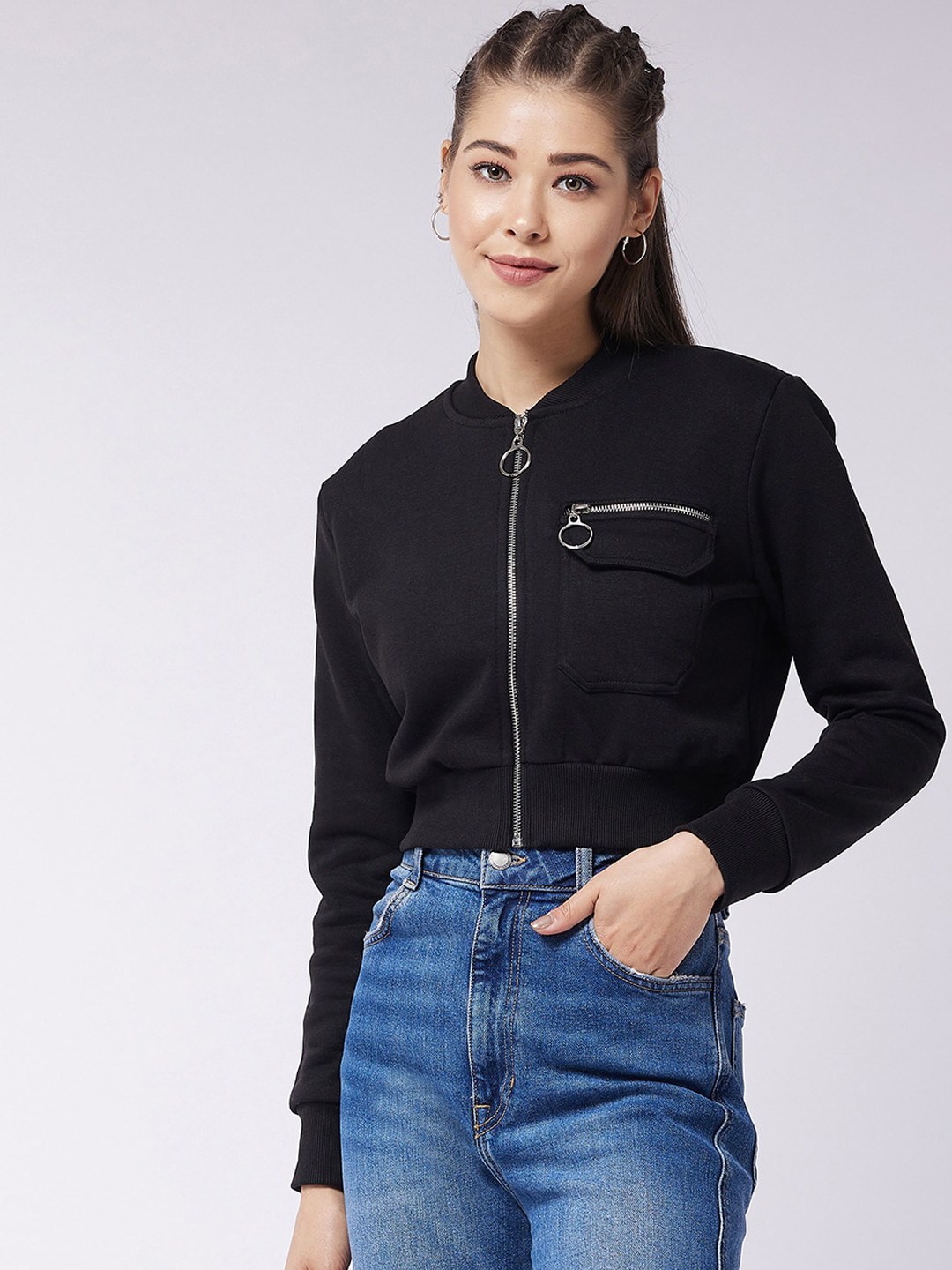

Miss Chase Women Black Fleece Crop Bomber Jacket