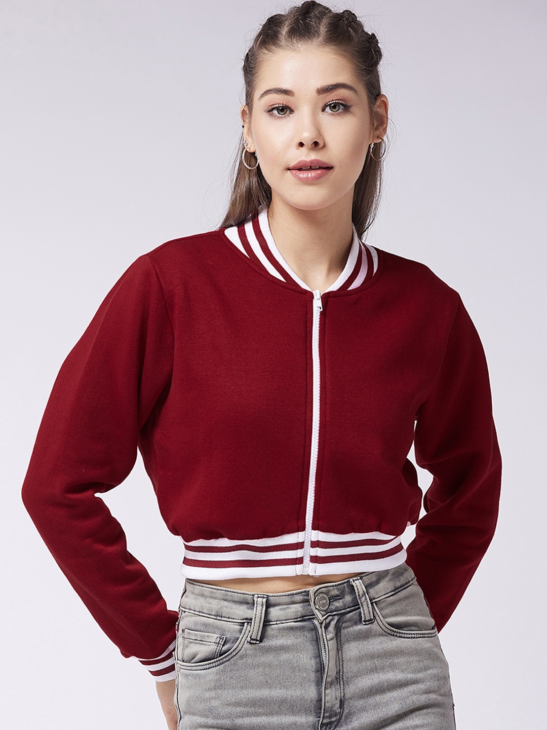 

Miss Chase Women Maroon White Fleece Crop Bomber Jacket