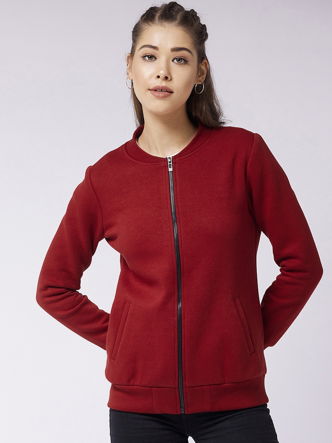 

Miss Chase Women Maroon Geometric Striped Fleece Sporty Jacket