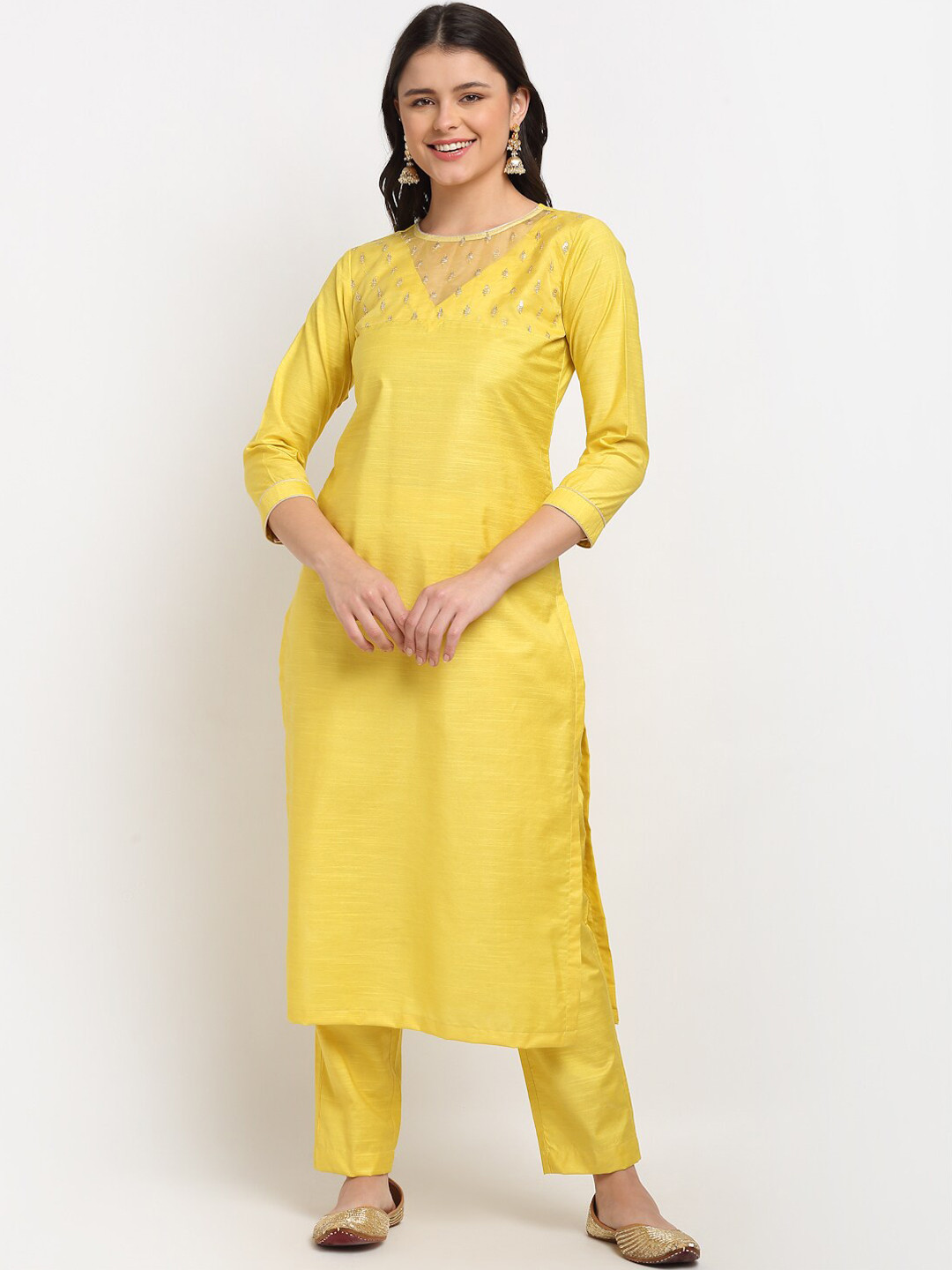 

anokherang Women Yellow Embroidered Regular Sequinned Kurta with Trousers