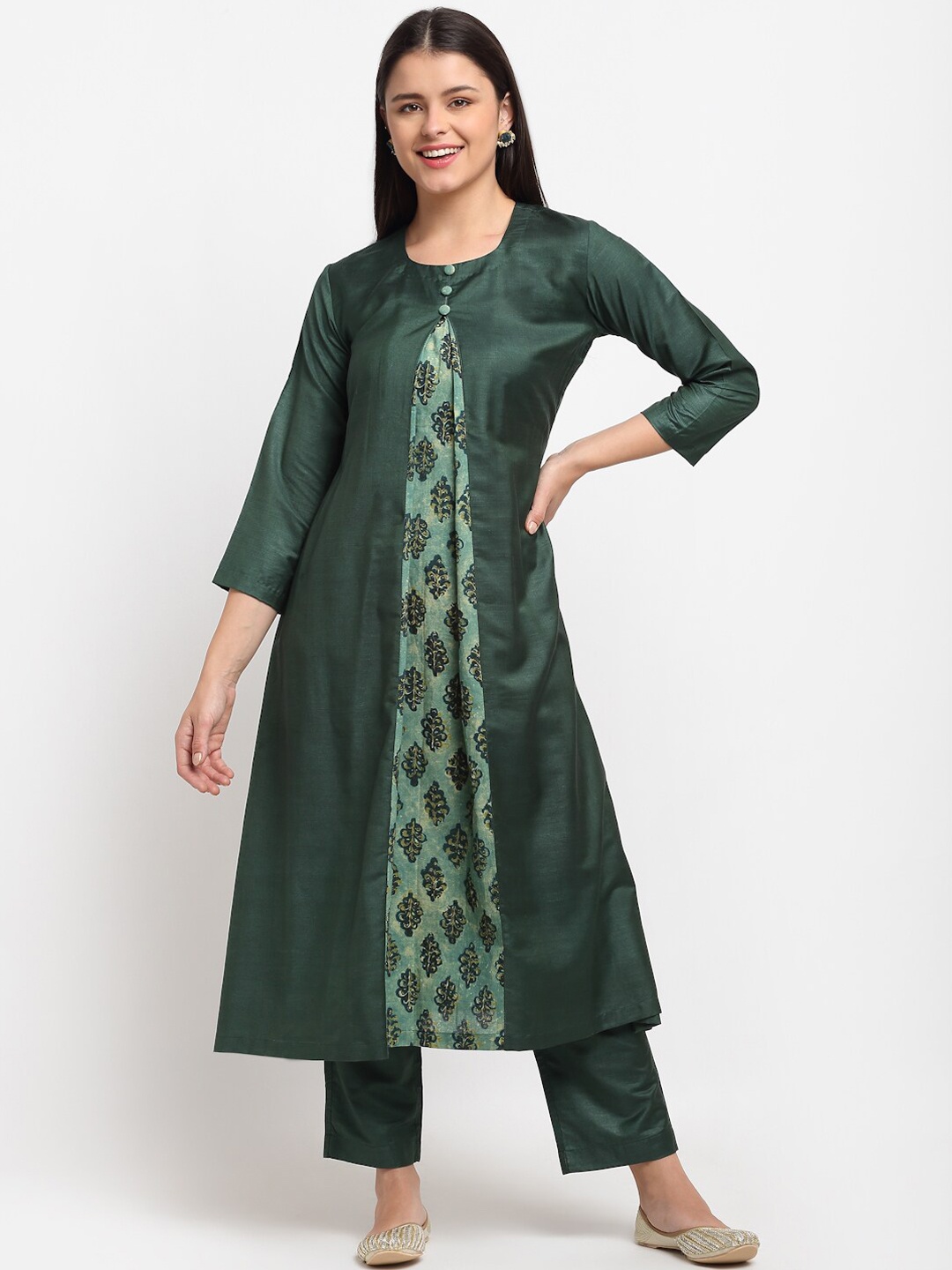 

anokherang Women Green Ethnic Motifs Printed Panelled Pure Cotton Kurta with Trousers