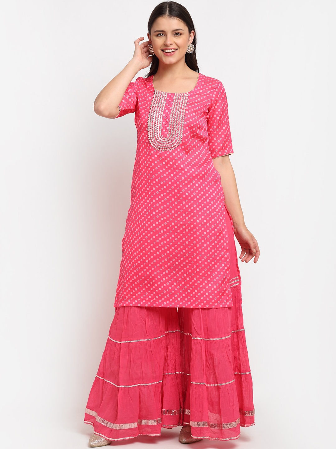 

anokherang Women Pink Bandhani Printed Regular Gotta Patti Kurti with Sharara