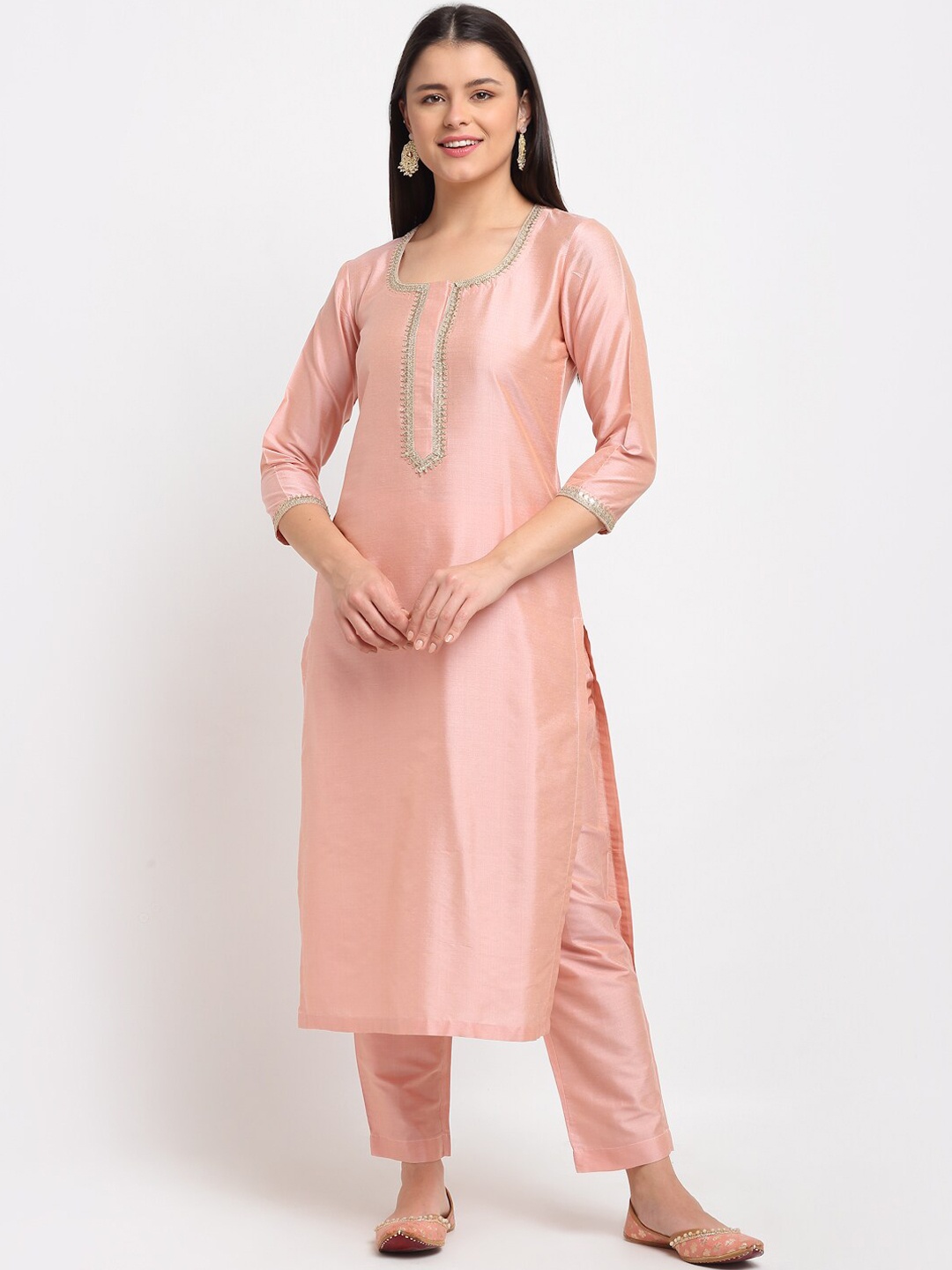 

anokherang Women Peach-Coloured Regular Gotta Patti Kurta with Trousers