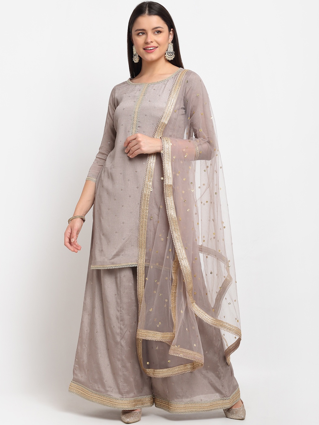 

anokherang Women Grey Sequinned Silk Chiffon Kurta with Palazzos & Dupatta