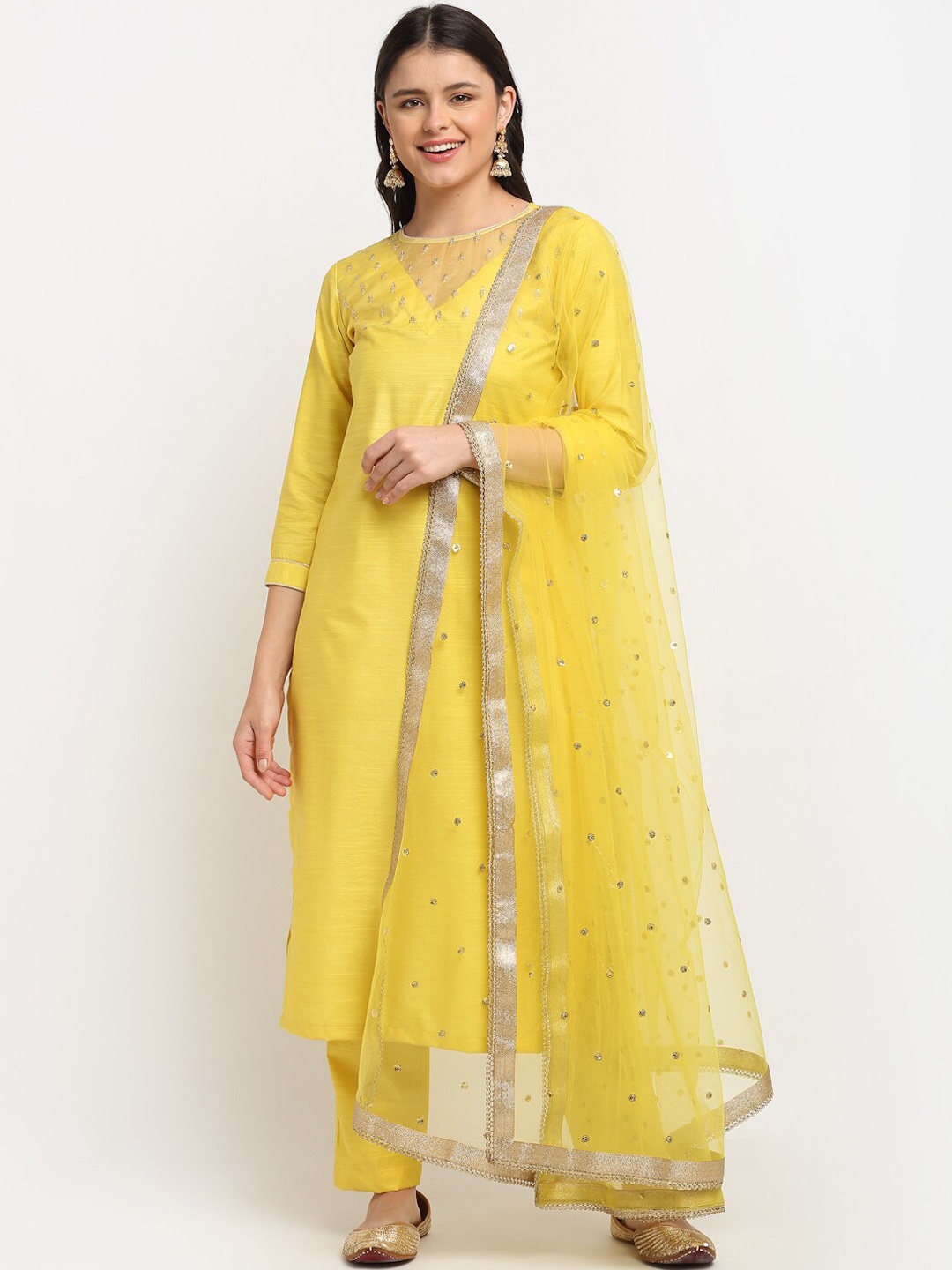 

anokherang Women Yellow Floral Yoke Design Regular Sequinned Kurta with Trousers & With Dupatta
